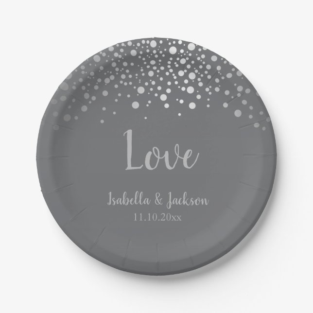 Gray and Silver Confetti Dots Pappteller (Vorderseite)