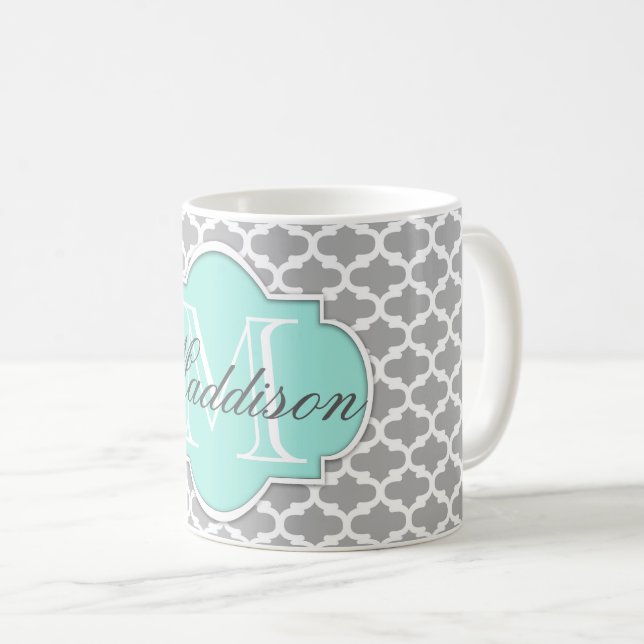 Gray Aqua Elegante Muster Monogram Kaffeetasse (VorderseiteRechts)