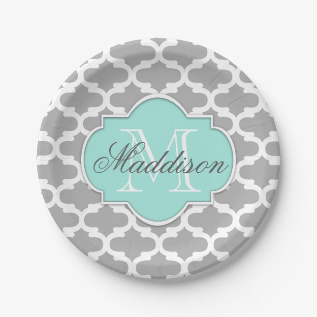 Gray Aqua Elegante Muster Monogram Pappteller (Vorderseite)