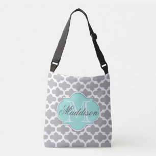 Gray Aqua Elegante Muster Monogram Tragetaschen Mit Langen Trägern