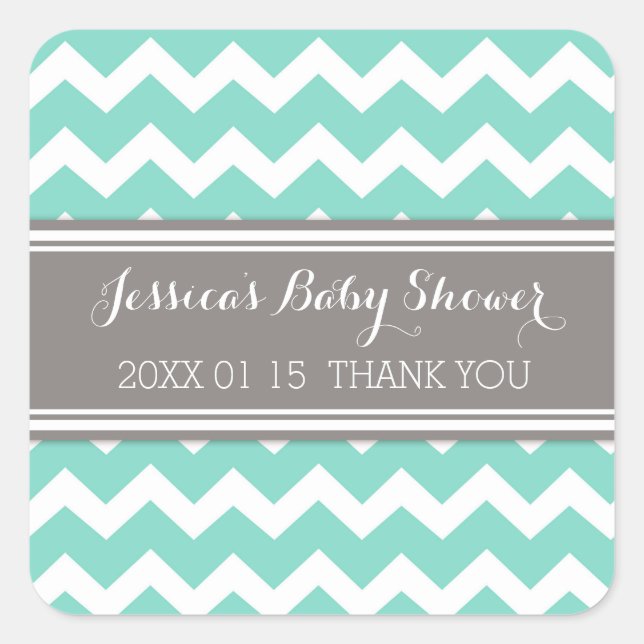 Gray Aqua Zickzack Baby Shower Pflegeaufkleber Quadratischer Aufkleber (Vorderseite)