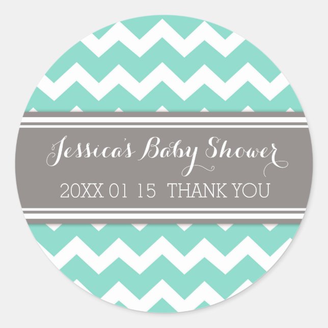 Gray Aqua Zickzack Baby Shower Pflegeaufkleber Runder Aufkleber (Vorderseite)