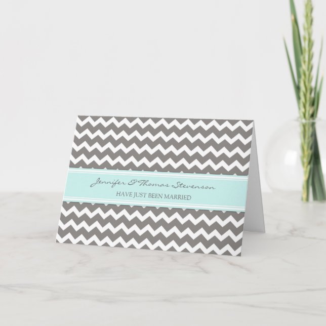 Gray Aqua Zickzack Just Married Announcement Card Ankündigung (Vorderseite)