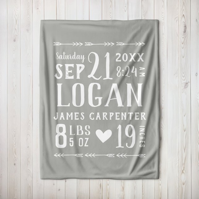 Gray Baby Boy Birth Stats Keepake Fleecedecke (Von Creator hochgeladen)
