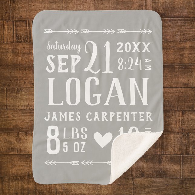 Gray Baby Boy Birth Stats Keepake Sherpadecke (Von Creator hochgeladen)