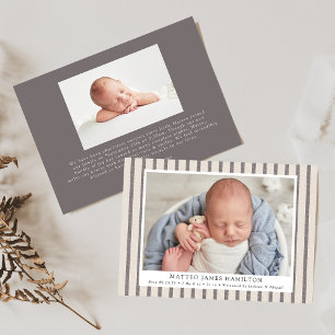 Gray & Beige Farmhouse Linen Stripes Photo Birth Ankündigung