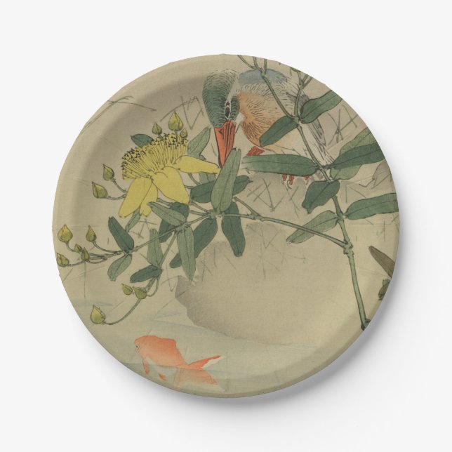 Gray Bird Goldfish Orientale Chinoiserie Wilhelm T Pappteller (Vorderseite)