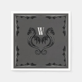 Gray Black Dragon Monogram Fantasy Wedding Serviette