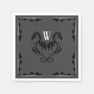 Gray Black Dragon Monogram Fantasy Wedding Serviette