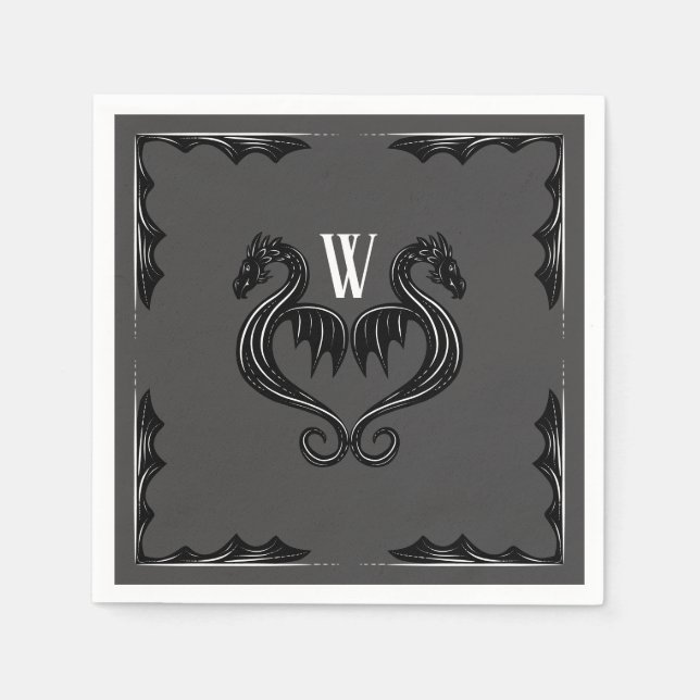 Gray Black Dragon Monogram Fantasy Wedding Serviette (Vorderseite)