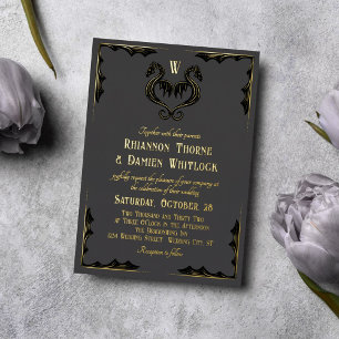Gray Black Gold Dragon Monogram Fantasy Wedding Folieneinladung