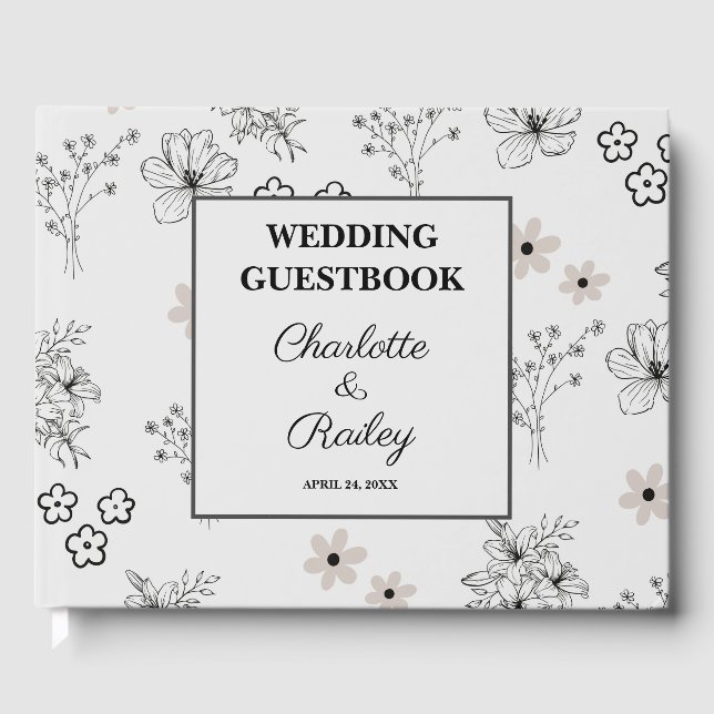 Gray Black Retro Y2K Hippie Blume Pattern Wedding Gästebuch (Vorderseite)