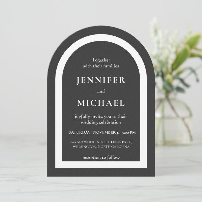 Gray black white text wedding einladung (Stehend Vorderseite)