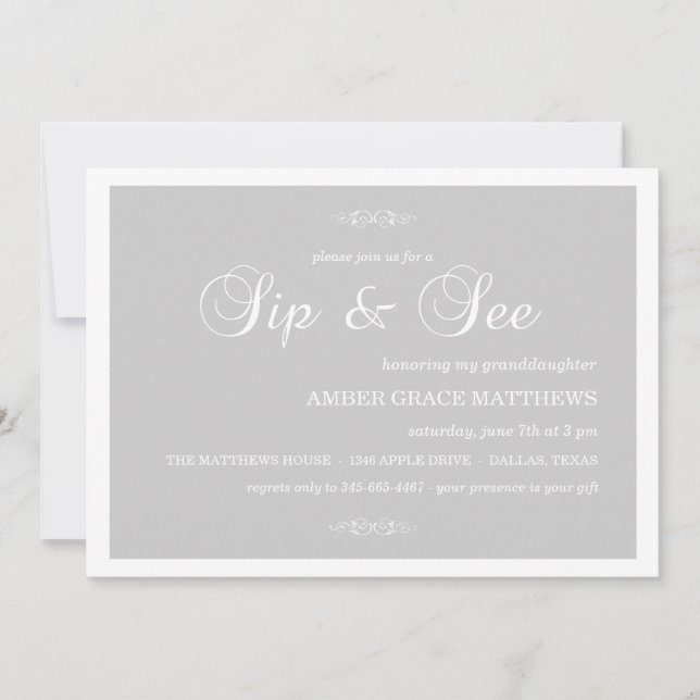 Gray & Blanc Damask Sip Et Voir Invitation (Devant)