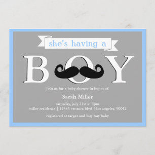 Gray Blue - Boy Mustache Babydusche Einladung