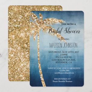 Gray Blue Gold Glitzer Palm Tree Brautparty Einladung