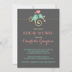 Gray Blue Pink Lovebirds Bridal Dusche Einladung