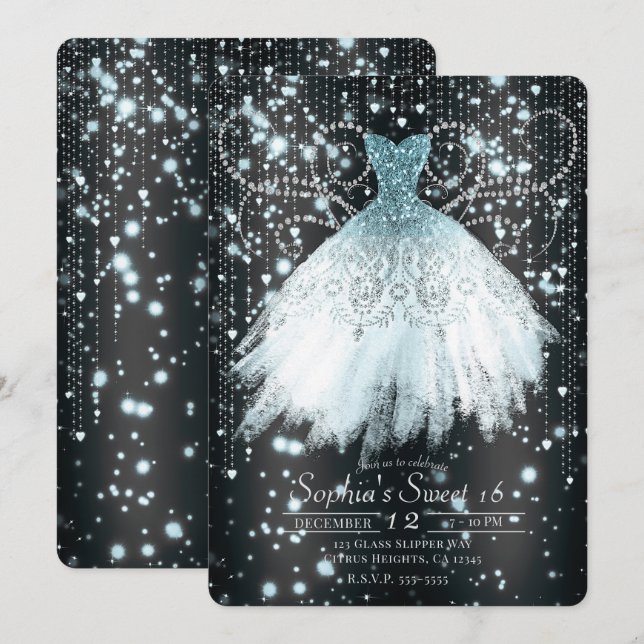 Gray Blue & Silver Glitzer Dress Sweet 16 Party Einladung (Vorne/Hinten)