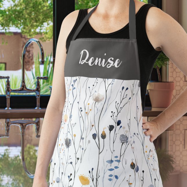 Gray Blue Watercolor Wildflower Custom Name Apron Schürze (Von Creator hochgeladen)