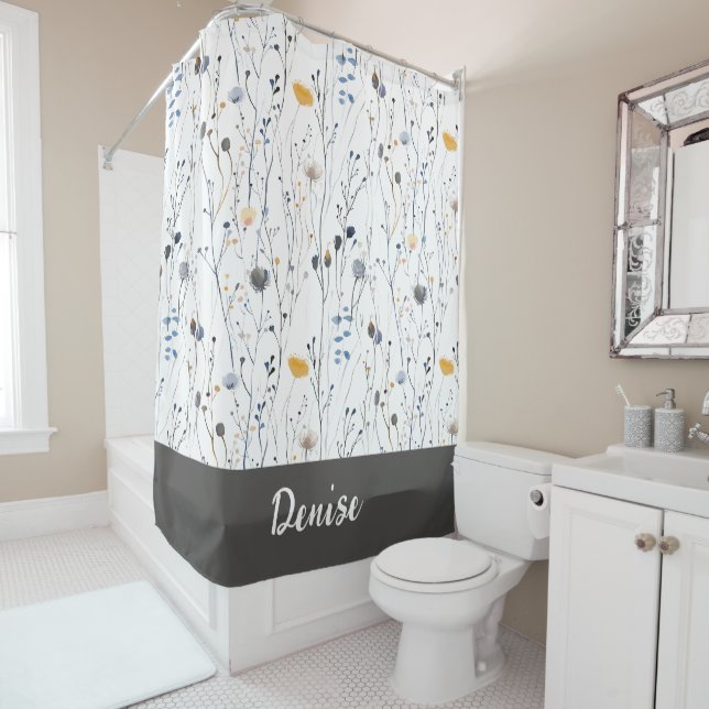 Gray Blue Watercolor Wildflower Monogram Duschvorhang (Beispiel)