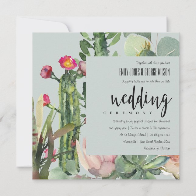 GRAY BOHO PINK FLORAL DESERT CACTI FOLIAGE WEDD EINLADUNG (Vorderseite)