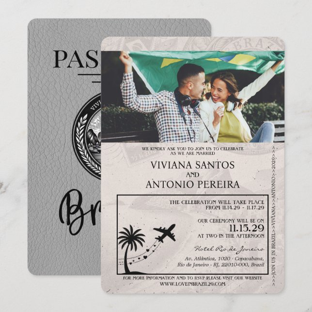 Gray Brazil Passport Hochzeitseinladung Einladung (Vorne/Hinten)