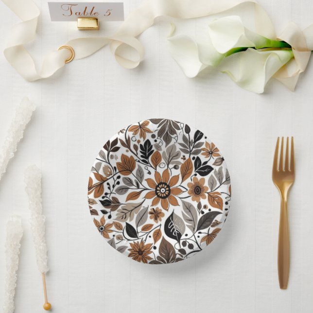 Gray Brown Floral Muster Herbsthochzeit Pappteller (Hochzeit)