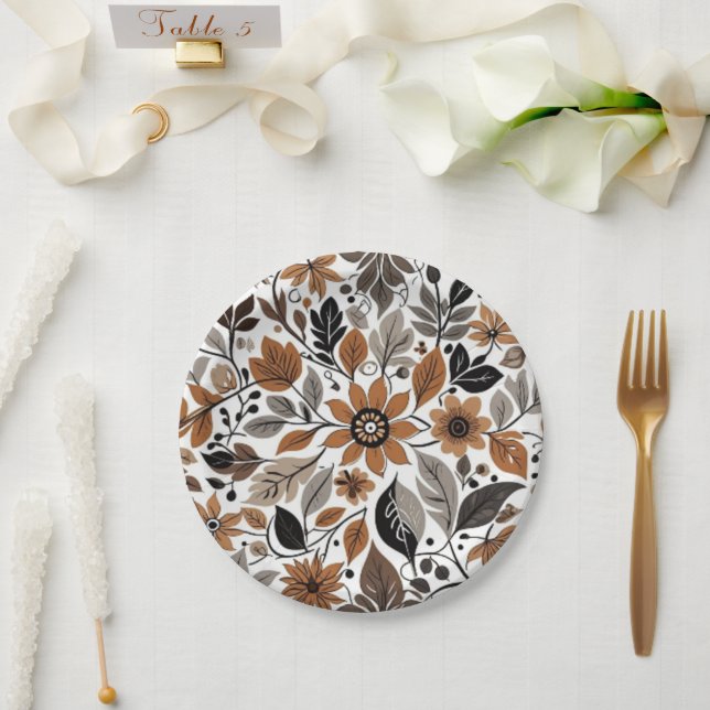 Gray Brown Floral Muster Herbsthochzeit Pappteller (Hochzeit)