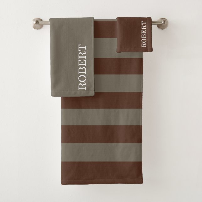  Gray &Brown Strips Pattern Custom Name Badhandtuch Set (Insitu)