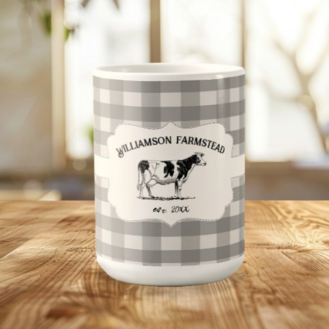 Gray Buffalo Kariert Farm Cow Tasse (Gray Buffalo Plaid Farm Cow Coffee Mug)