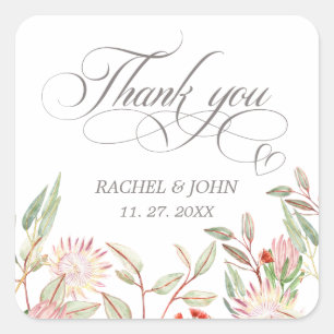 Gray Calligraphic Script Danke Heart Wedding Quadratischer Aufkleber