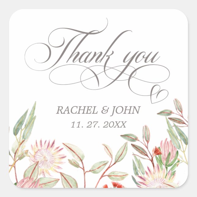 Gray Calligraphic Script Danke Heart Wedding Quadratischer Aufkleber (Vorderseite)