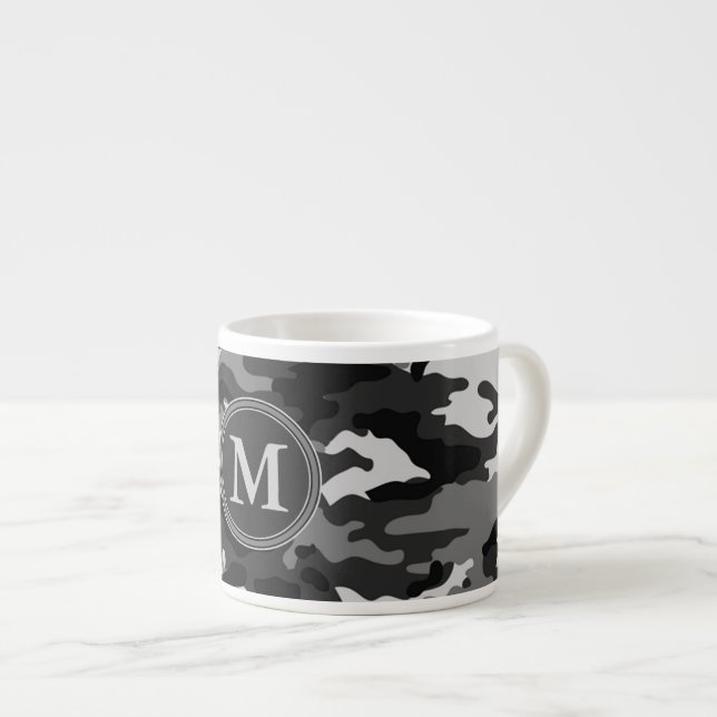 Gray Camouflage Muster Initial Monogramm Espressotasse (Vorderseite Rechts)