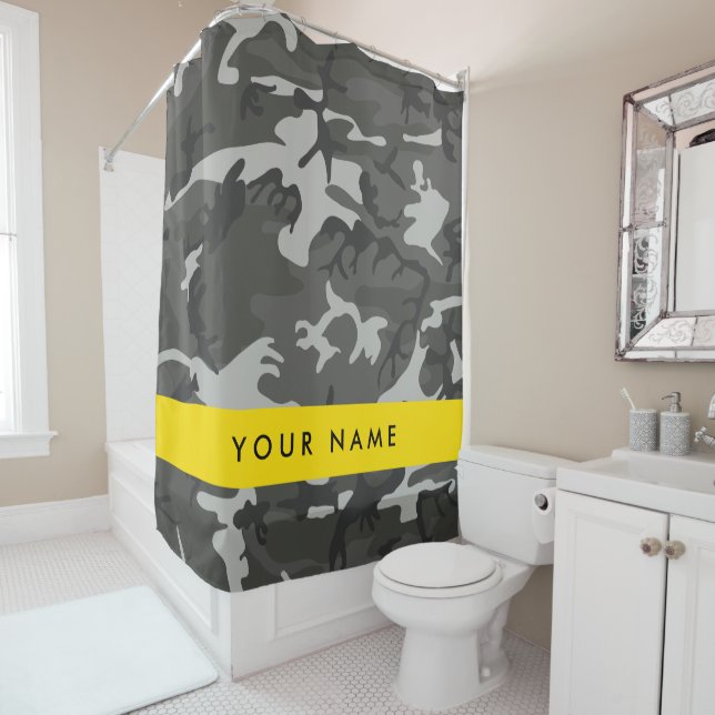 Gray Camouflage Pattern, Your name, Personalize Duschvorhang (Beispiel)