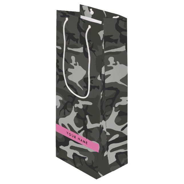Gray Camouflage Pattern, Your name, Personalize Geschenktüte Für Weinflaschen (Vorderseite Schrägansicht)