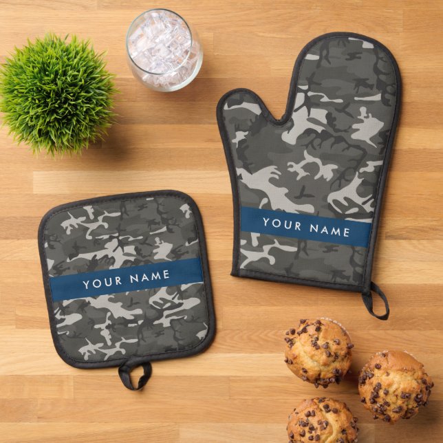 Gray Camouflage Pattern, Your name, Personalize Ofenhandschuh & Topflappen-Set (Oben Unten)