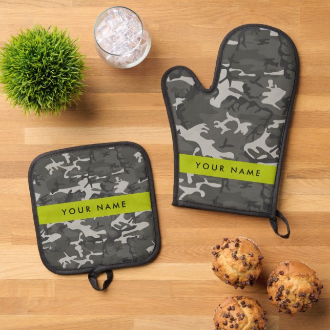Gray Camouflage Pattern, Your name, Personalize Ofenhandschuh & Topflappen-Set (Oben Unten)
