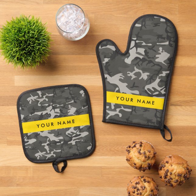 Gray Camouflage Pattern, Your name, Personalize Ofenhandschuh & Topflappen-Set (Oben Unten)