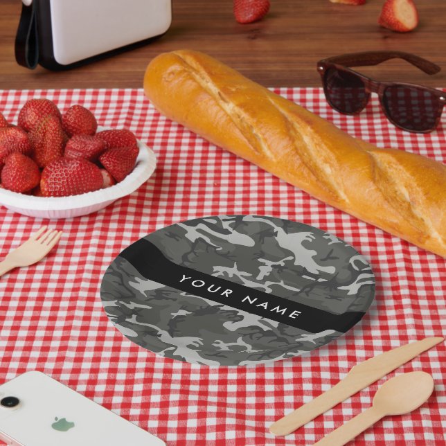 Gray Camouflage Pattern, Your name, Personalize Pappteller (Picknick)
