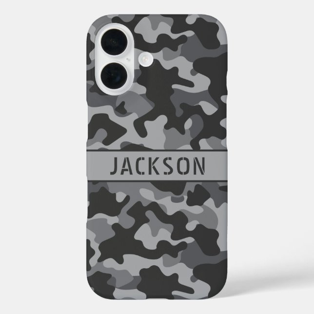 Gray Camouflage Personalized iPhone 16 Hülle (Rückseite)