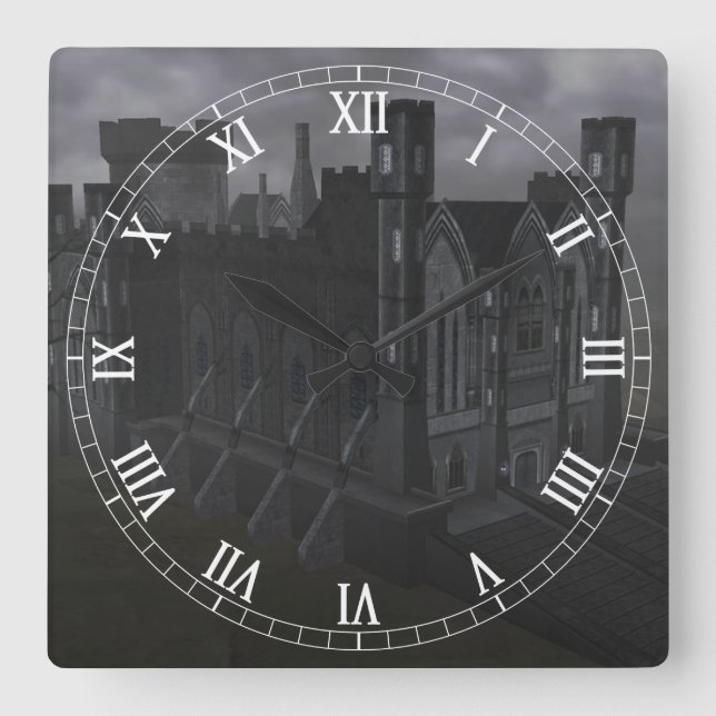 Gray Castle Roman Numerals Clock Quadratische Wanduhr (Vorderseite)