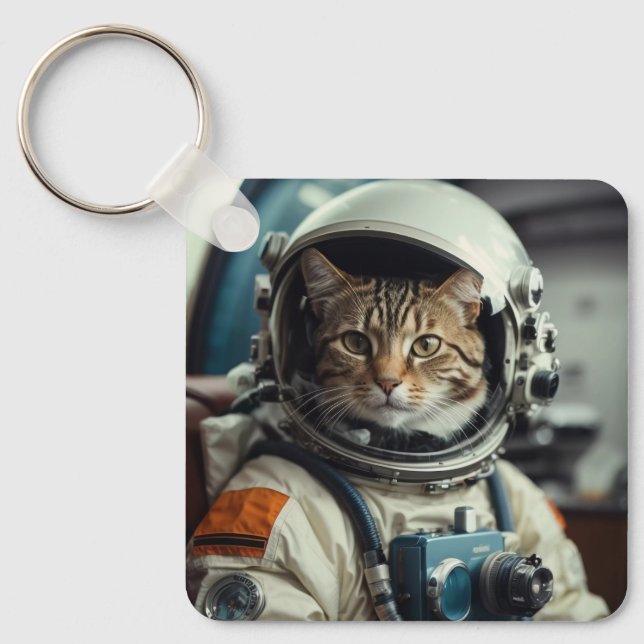 Gray Cat Astronaut im Weltraum Schlüsselanhänger (Vorderseite)