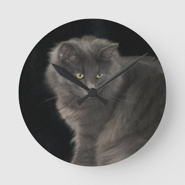 Gray Cat Long Hair Russian Blue Kitten Niedlich Runde Wanduhr (Vorderseite)