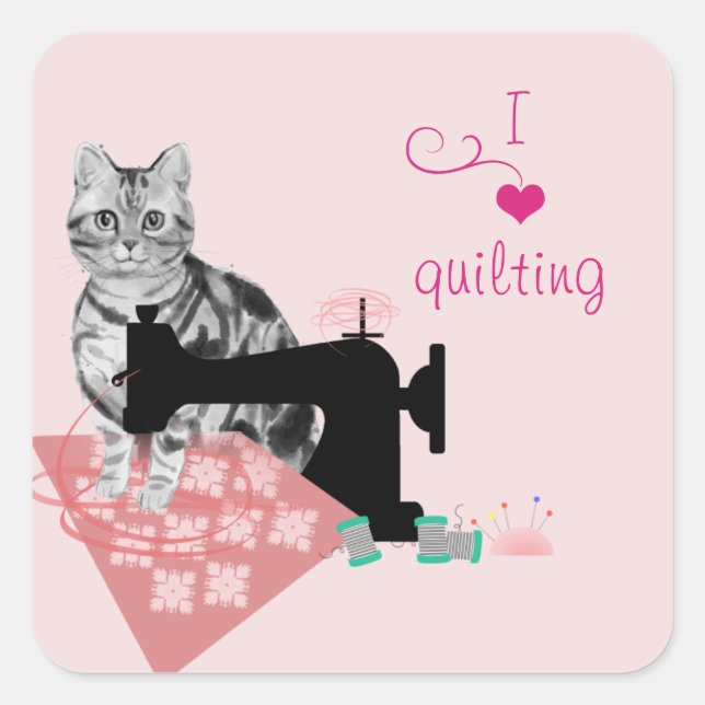 Gray Cat Nähen und Quilten Quadratischer Aufkleber (Vorderseite)