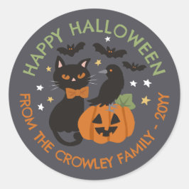 Gray Cat Pumpkin Raven Happy Halloween Runder Aufkleber