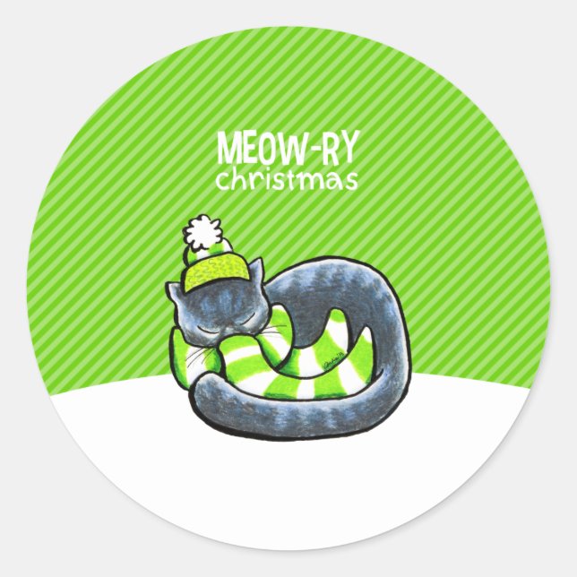 Gray Cat Scarf Weihnachten Grüner Streifen Runder Aufkleber (Vorderseite)