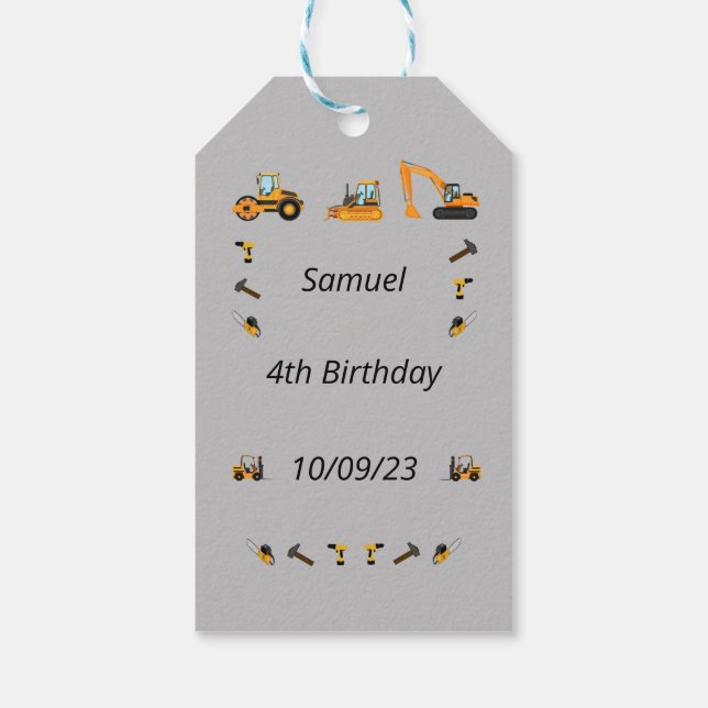 Gray Construction Boy Birthday Bilingual Danke Geschenkanhänger (Rückseite)