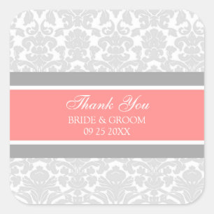 Gray Coral Damask Vielen Dank Gastgeschenk Hochzei Quadratischer Aufkleber