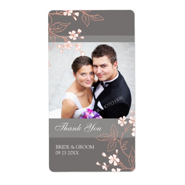 Gray Coral Floral Foto Wedding Labels (Vorne)