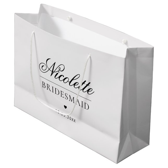 Gray Custom Bridesmaid Name Elegantes Herz Hochzei Große Geschenktüte (Vorderseite Schrägansicht)